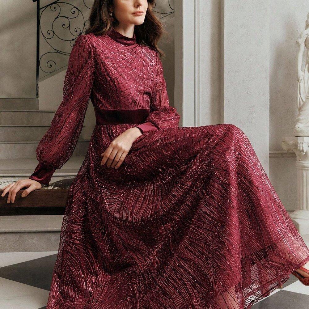 Burgundy Elegant Women's Sequin Velvet Patchwork Waist Dress